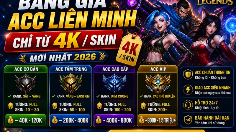 Bảng giá acc Liên Minh 2026: Giá theo rank & skin mới nhất